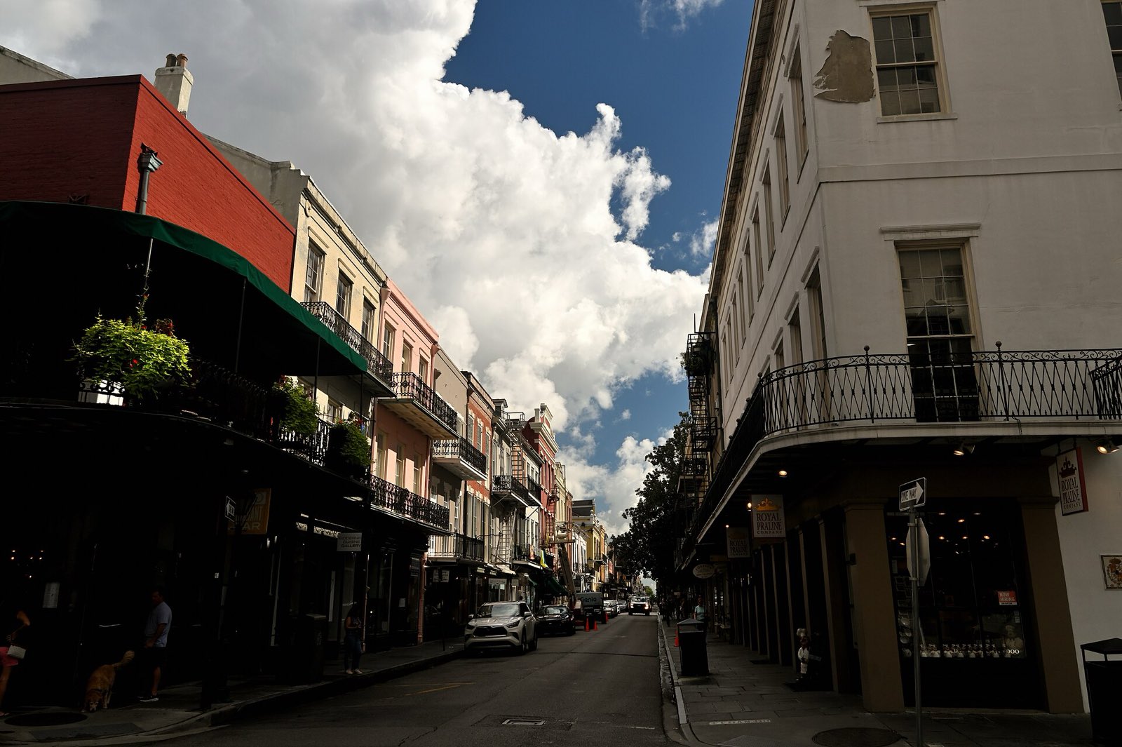French Quarter street with cast-iron balconies